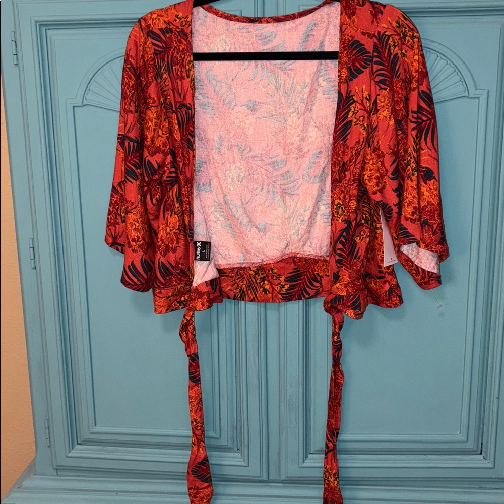 NWT Hurley Summer Palm Flounce Top orange red palm print - deep v tie back - Picture 7 of 8